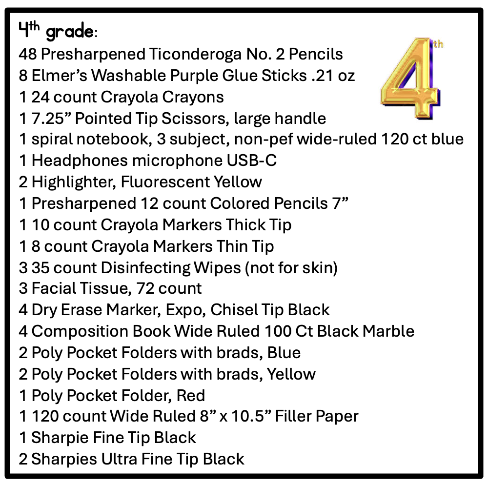4th supply list